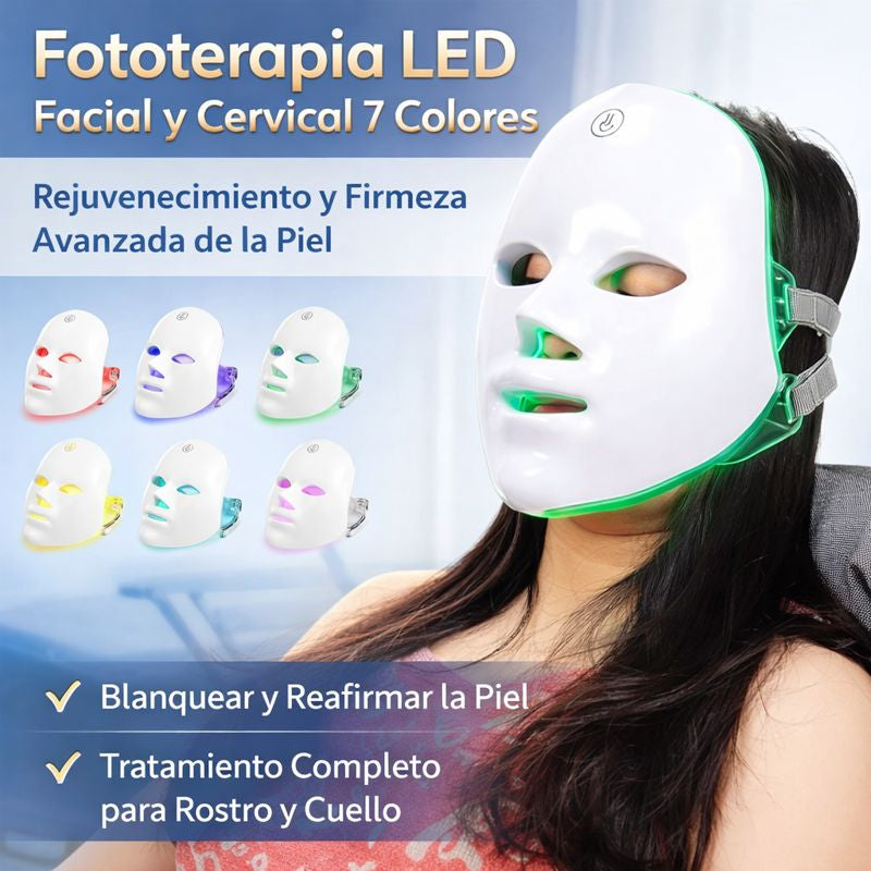 Máscara LED Facial y Cuello 7 Colores – Rejuvenecimiento y Firmeza de la Piel